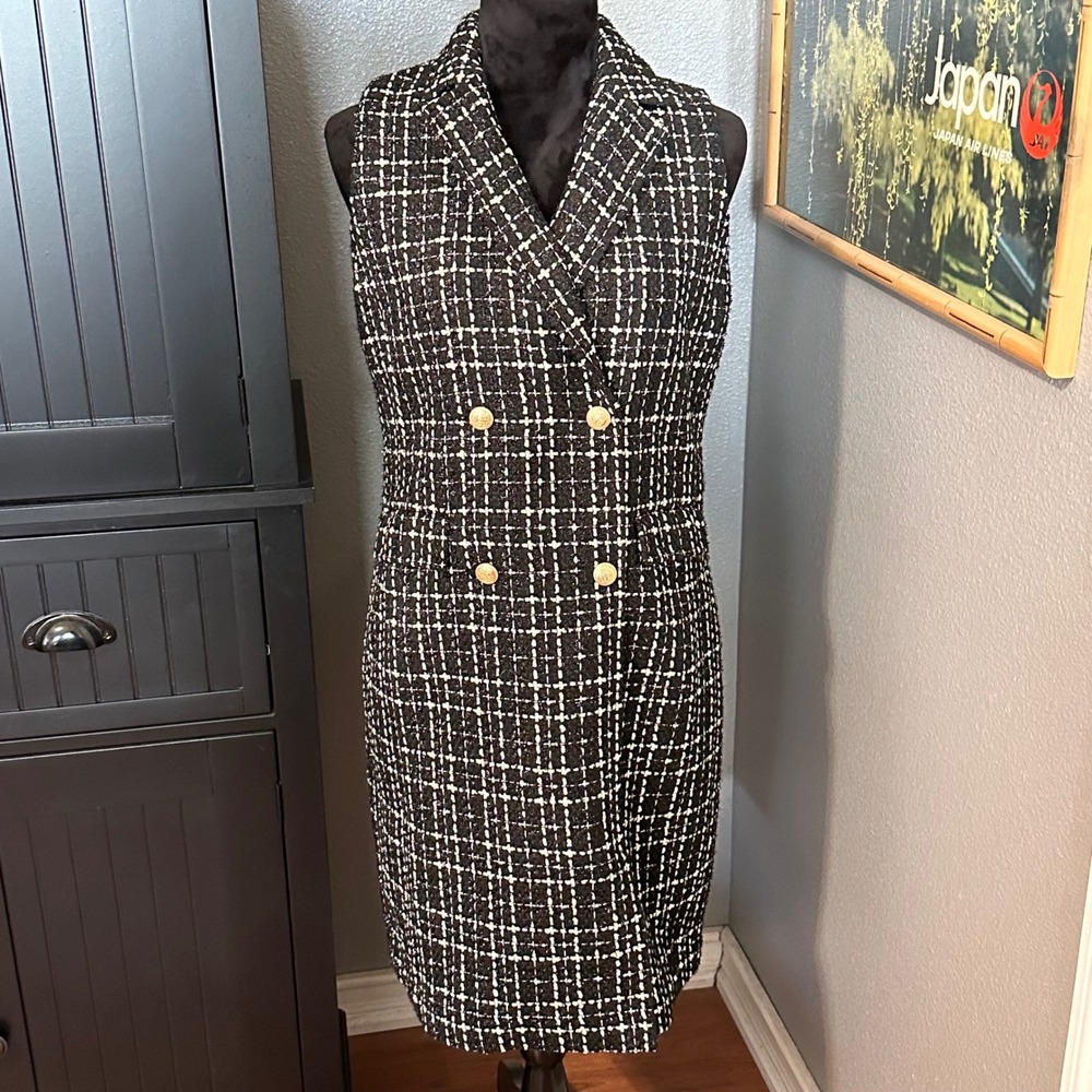 Talbots Sheath Dress Womens 6P Black Plaid Double Breasted Sleeveless Tweed